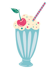 Milkshake with whipped cream and cherry. Smoothie, cocktail. Vector illustration of old fashioned milkshake cocktail with whipped cream and cherry on top. Summer drinks. Cartoon vector illustration