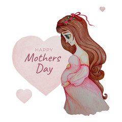 Mothers Day. Cute happy pregnant girl. A lovely future mother with long dark hair in pink dress hugs her belly with her hands against the background of a large heart. Watercolor. Hand drawing.