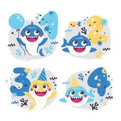 Set of vector Baby Shark Birthday Illustrations
