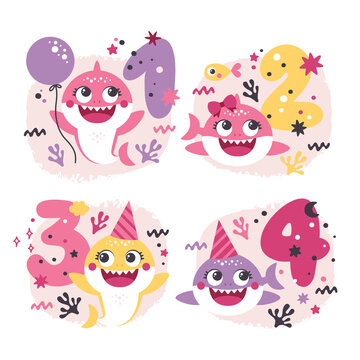 Set of vector Baby Shark Birthday Illustrations