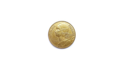 1963 France 20 Centimes Coin Front Side Isolated on White Background