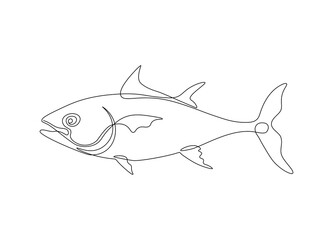 Tuna fish one line drawing. Continuous single line art of fish for logo, print, posters, banners. Minimal vector art
