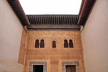 Alhambra or Red Castle in Granada spanish city, located on top of hill al-Sabika. Moorish palace fortress complex in Andalusia, Spain
