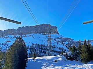 The mountain cable car Col du Pillon - Cabane - Scex Rouge (Glacier 3000 cableway) or Aerial...