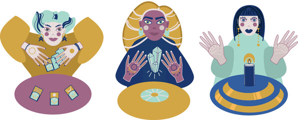 Collection of witches making magic with magic stuff isolated on white. Flat vector with female witches. Flame, crystal and tarot cards. Esoteric illustration.