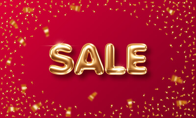 Sale banner template with 3d golden letters and confetti on red background