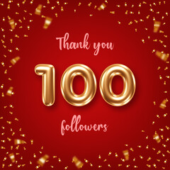Thank you followers. Social media achievement poster with golden 3d numbers and confetti on red background