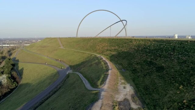 Flying towards Horizontobservatorium, Halde Hoheward, Herten. Warm afternoon light