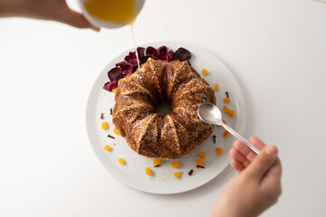 Homemade cake on white background