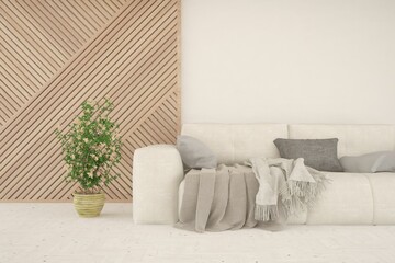 Soft color living room with sofa. Scandinavian interior design. 3D illustration