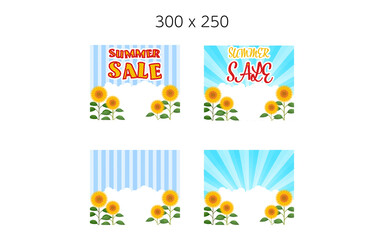 向日葵畑と入道雲とお中元ギフトバナー、集中線とストライプの2種、文字の有り無しバージョン