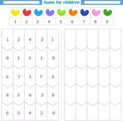  Worksheet for children. Color the empty shapes by number and color. Development of attention