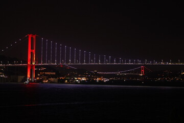 Fototapeta na wymiar Istanbul, general views of the Bosphorus Bridge at night, 15 July Martyrs Bridge