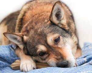 a dog  chews on a treat (chewing bone)