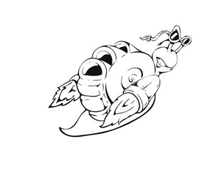 Turbosnail, cartoon futuristic snail in glasses with turbines with angry emotion, for coloring book 