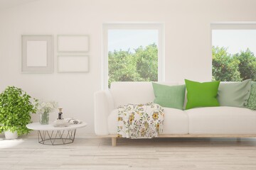 White living room with sofa and summer landscape in window. Scandinavian interior design. 3D illustration