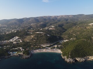 Obraz premium Aerial Shot Of Mega Ammos Tropical Beach In Famous Sivota Town In Epirus, Greece