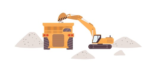 Professional heavy equipment and machinery for mine industry. Yellow excavator with scoop loading marble into dump truck. Flat vector illustration of industrial transport isolated on white background © Good Studio