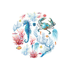 Under the sea round illustration. Sea horse, coral branches, crab, fishes, jelly fish isolated on white background
