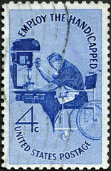 USA - 1960: shows Man in Wheelchair Operating Drill, Employ the Handicapped, Welfare of Cripples, 1960