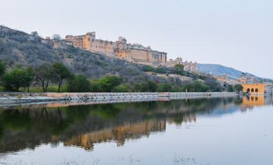 Fototapeta na wymiar Amer Fort is located in Amer, a town with an area of 4 sq. kilometres, not far from Jaipur, Rajasthan state, India. Located high on a hill, it is the principal tourist attraction in the Jaipur