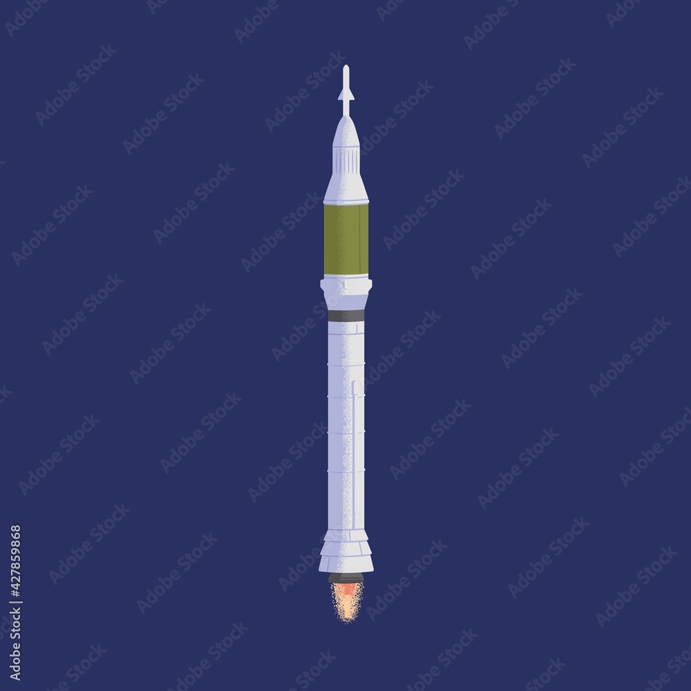 Poster rocket flying in outer space with fire flames from engine. futuristic rocketship or spaceship. cosmo