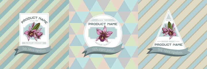 Three colored labels with illustration of laelia
