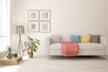 Soft color living room with sofa. Scandinavian interior design. 3D illustration