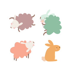 Adorable doodle animals. Pastel sheep and bunny. Cute fluffy animals on isolated white background