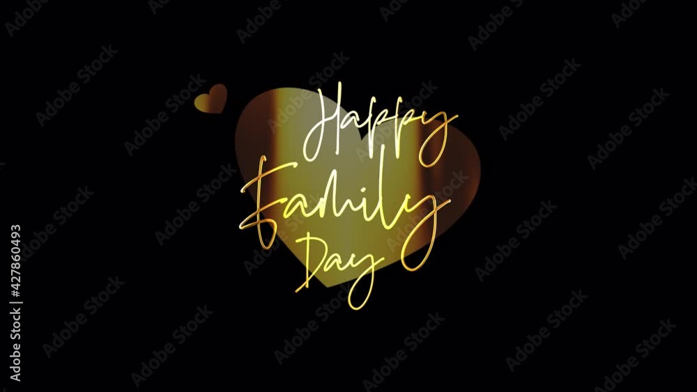 Poster happy family day golden text with heart shape loop animation with gold light effect. 4k 3d illustrat