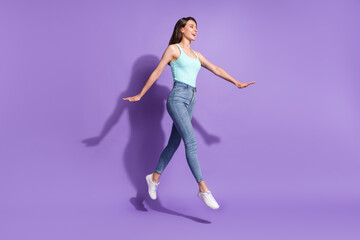 Fototapeta na wymiar Full size profile side photo of walk jump up air empty space happy sale summer mood isolated on violet color background