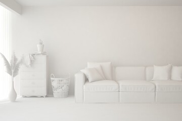 White minimalist living room with sofa. Scandinavian interior design. 3D illustration