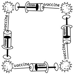 Vector square frame on theme of vaccination. Contour molecules, coronavirus cells and a vaccine syringes. Border, decoration, background for medical design in doodle style