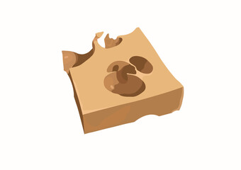 A rectangular slice of cheese with large holes is drawn on a white background. Vector illustration, EPS 10. Isolated.