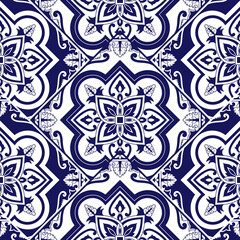 Spanish tile pattern vector seamless with parquet ceramic ornament. Mexican talavera, portugal azulejo, delft dutch, italian sicily majolica. Floral background for wallpaper, texture, textile.