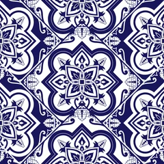 Fototapete Portugal Keramikfliesen Spanish tile pattern vector seamless with parquet ceramic ornament. Mexican talavera, portugal azulejo, delft dutch, italian sicily majolica. Floral background for wallpaper, texture, textile.