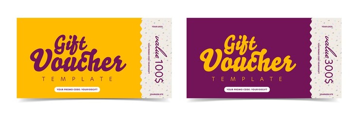 Gift voucher ticket card with different monetary value. Discount coupon template with money reward. Financial present certificate mockup with tear-off vector design and place for brad name - obrazy, fototapety, plakaty