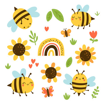 vector set of cute bees and sunflowers