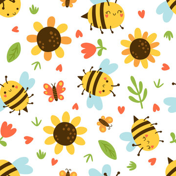 vector seamless pattern with bees and butterflies