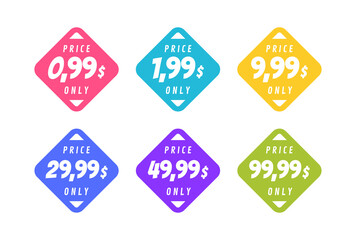Set discount label. Sale 0.99 1.99 9.99 29.99 49,99 and 99,99 dollars only offer badge. Banner template for business, shops, advertising , discount, sale. Modern flat style vector illustration