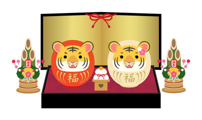 Fototapeta premium 2022年 寅年 台座に乗ったかわいい紅白寅だるまと金屏風