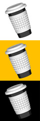 Cardboard cup for hot drinks. Disposable take out cardboard cup for hot drinks on white, black and orange background. 3D illustration