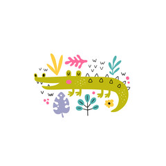 vector illustration of cute crocodile and leaves