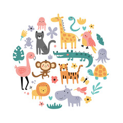 vector illustration of jungle animals in circle - obrazy, fototapety, plakaty