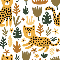 vector seamless pattern with cheetah and leaves