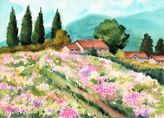 Fotobehang Watercolor illustration of a landscape with a green flower-strewn meadow, a distant village surrounded by gardens and trees and foggy mountains on the horizon © Мария Тарасова