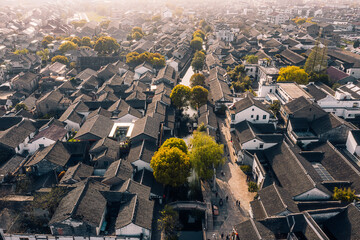 Aerial view of the Landscape of Lili Village, a historic canal town in southwest Suzhou, Jiangsu...