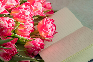 Pink tulips lie on an open notepad.