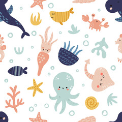vector seamless pattern with cute fish and animals