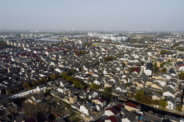 Aerial view of the Landscape of Lili Village, a historic canal town in southwest Suzhou, Jiangsu Province, China